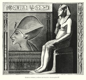 تمثال جالس وإغاثة للفرعون المصري القديم أخناتون (أمنحتب الرابع) (ليثو) بواسطة المدرسة الاسبانية
