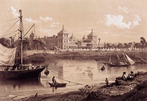 إشبيلية ، قصر سان تيلمو على ضفة نهر الوادي الكبير. الأندلس ، إسبانيا (القرن التاسع عشر). مدريد ، المكتبة الوطنية. بواسطة المدرسة الاسبانية