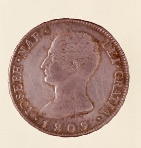 عملة فضية (دورو أو بياسترا) من إسبانيا: عهد جوزيف نابليون (1808-1813). 1809 ديم. 4 سم نابولي ، المتحف الأثري بواسطة المدرسة الاسبانية