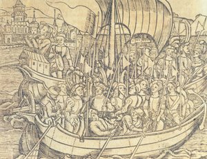 اكتشاف العالم الجديد بواسطة كريسوفر كولومبوس (1450-1596) رسم توضيحي من "التاريخ العام لجزر الهند والعالم الجديد" بقلم فرانسيسكو لوبيز دي جومارا (مواليد 1510) 1554 (نقش) بواسطة المدرسة الاسبانية