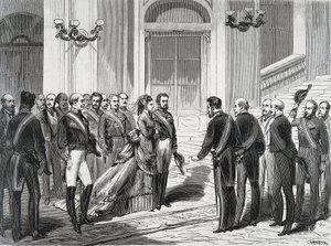 ملك إسبانيا أميدي الأول (أميديو فرديناندو ماريا دي سافويا) (1845-1890) وزوجته الملكة ماري فيكتوري دال بوزو ديلا سيستيرنا (1847-1876) عند وصولهما إلى القصر الملكي في مدريد في 19/03/1871. نقش من "" La Ilustracion Espanola y America بواسطة المدرسة الاسبانية