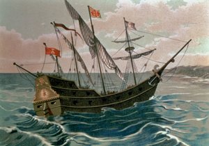 سانتا ماريا تقترب من ساحل العالم الجديد في عام 1492 ، من "اكتشاف أمريكا" ، حانة. برشلونة بواسطة المدرسة الاسبانية