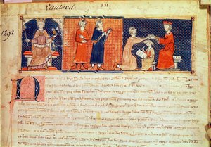 اللورد الإقطاعي يوعظ خطبته أمام ملك مايوركا ، جيمس الأول (1207-76) من Capbreu de Clayra et de Millas ، 1292 بواسطة المدرسة الاسبانية