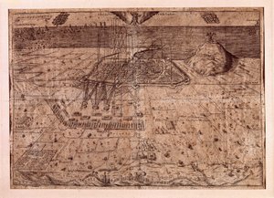 رفع كاتالونيا أو حرب الحاصدين (1640-1659) مقر برشلونة بحرا وبرا من قبل قوات فيليب الرابع ملك إسبانيا (1605-1665). نقش 1652. متحف تاريخ المدينة ، برشلونة. بواسطة المدرسة الاسبانية