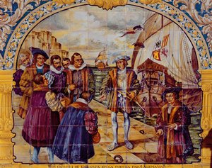 بلاط يصور الملك تشارلز الأول ملك إسبانيا يستعد للانطلاق في عام 1520 من ميناء لاكورونا لقبول انتخابه كإمبراطور روماني مقدس (خزفي) بواسطة المدرسة الاسبانية