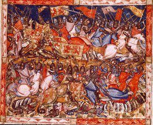حرب طروادة: مآثر هيكتور. تفاصيل منمنمة من المخطوطة الإسبانية "Codex Benito de Santa Mora" " بواسطة المدرسة الاسبانية