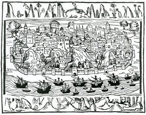 منظر لشبونة من Libro de Grandezas y cosas Memoralder de Espana بواسطة بيدرو مدينا ، 1548 بواسطة المدرسة الاسبانية