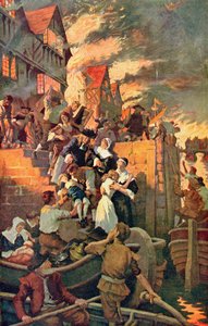 حريق لندن العظيم عام 1666 ، رسم توضيحي من قصة هوتشينسون "قصة الأمة البريطانية" ، حوالي عام 1920 (لون ليثو) بواسطة ستانهوب الكسندر فوربس