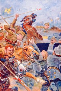The Charge of the 9th Lancers during the Retreat from Mons (colour litho) بواسطة ستانلي ل (بعد) وود
