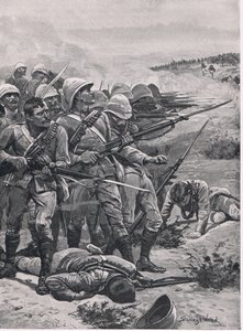 الميدان في أبو كرو ، 19 يناير 1885 ، رسم توضيحي من المعارك البريطانية على البر والبحر ، 1915 بواسطة ستانلي ل. وود