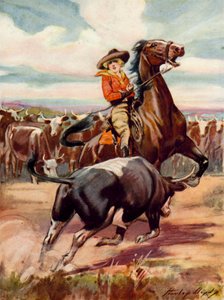 مشهد من فيلم "تحت رحمة قطاع الطرق": راعية بقر على ظهر حصان يهاجمها ثور كبير (صورة حجرية ملونة) بواسطة ستانلي لويد