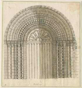 كنيسة Tutbury Priory - القوس في الباب الغربي: رسم بالقلم والبني الداكن ، و [1762-1802] (طباعة) بواسطة ستيبينج شو