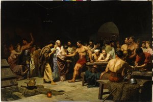 المصارعون قبل دخولهم الساحة. (المصارعون قبل الظهور في الساحة). يزور الأرستقراطيون الرومان ويقيمون بنية المصارعين قبل القتال ، وتملق النساء وتهنئ المقاتلين. الرسم بواسطة ستيبان (