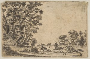 اللوحة 4: مطاردة الغزلان ، فارسان يركضان نحو الجهة اليمنى خلف ثلاثة كلاب و ... بعد عام 1642. المؤلفون: ستيفانو ديلا بيلا ، غير معروف. بواسطة ستيفانو ديلا بيلا