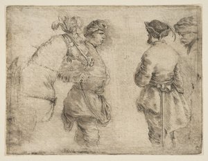 قطب يقود حصانًا عند اللجام ويتحدث مع رجلين آخرين ، كاليفورنيا. 1662. بواسطة ستيفانو ديلا بيلا