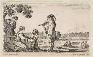 رجل يعزف على الكمان في الوسط ، اتجه نحو اليسار في صورة جانبية ، امرأة جالسة إلى ... ، 1649. بواسطة ستيفانو ديلا بيلا