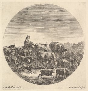 امرأة فلاحية تجلس على حصان إلى اليسار ، تواجه اليمين ، وتحيط بها قطيع من ... 1643-48. بواسطة ستيفانو ديلا بيلا