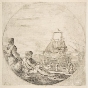 بحار أبيض جالس وبحار أسود يقف الناس يبنون سفينة في الخلف ... ، كاليفورنيا. 1660. بواسطة ستيفانو ديلا بيلا