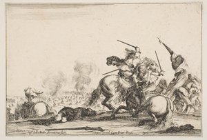 مناوشة ، فرسان يتصارعان بالسيوف إلى اليمين ، رجال يحملون علم الجري ... ، كاليفورنيا. 1645. بواسطة ستيفانو ديلا بيلا