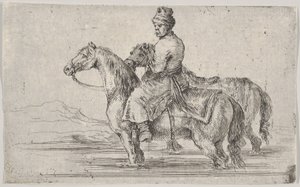 خادم يأخذ حصانين للاستحمام ويجلس فوق حصان واحد في نهر والآخر بجانبه ... ، كاليفورنيا. 1662. بواسطة ستيفانو ديلا بيلا