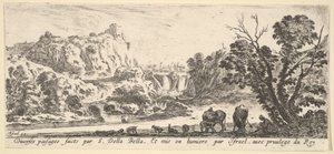 شلال ينزل من الجبال في وسط الخلفية ، حيوانات مختلفة و ... ، كاليفورنيا. 1641. بواسطة ستيفانو ديلا بيلا