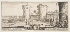 مدخل لقلعة في المركز ، امرأة مع طفل جالس بنار إلى اليمين ، سول ... ، كاليفورنيا. 1641. بواسطة ستيفانو ديلا بيلا