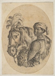 يحمل العبد الأسود حزامًا نمرًا ويحمل لجام حصان ، من عدة رؤوس ... ، 1649-50. بواسطة ستيفانو ديلا بيلا