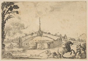 قتال على جسر ، يتقاتل فارس وجنديان على الأقدام بالسيوف في أسفل اليمين ... ، كاليفورنيا. 1645. بواسطة ستيفانو ديلا بيلا
