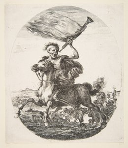 الموت على ظهر الحصان ممسكًا بالبوق ، من الوفيات الخمسة Les cinq Morts، ca. 1648. بواسطة ستيفانو ديلا بيلا