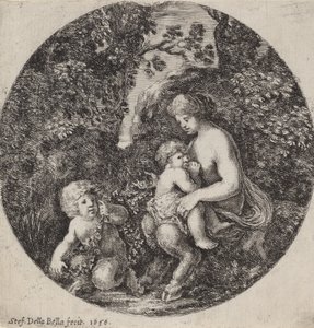 أنثى ساتير ترضع طفلاً في مشهد مشجر ، 1656.