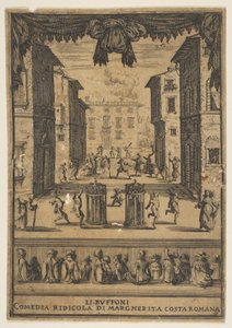 واجهة للكوميديا The Buffoons Li Buffoni ، مجموعة على المسرح تشبه صورة ... ، كاليفورنيا. 1639. بواسطة ستيفانو ديلا بيلا