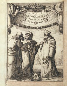 Galileo (left) conversing with Ptolemy (center) and Copernicus, illustrated frontispiece from Dialogo sopra i due Massimi Sistemi del Mondo, Tolemaico e Copernicano (Dialogue Concerning Two Chief World Systems, Ptolemaic and Copernican)