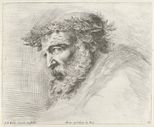 رأس رجل عجوز ذو لحية وإكليل من الغار ، في صورة جانبية إلى اليسار مبادئ الرسم (عنوان السلسلة) I Principii del disegno (عنوان المسلسل) بواسطة ستيفانو ديلا بيلا