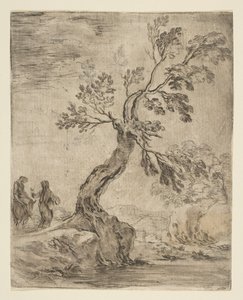 منظر طبيعي مع امرأتين ، واحدة مثبتة على حمار ، كاليفورنيا. 1660. بواسطة ستيفانو ديلا بيلا
