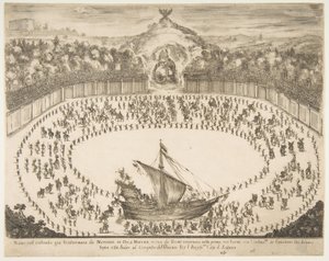 موكب يطفو على شكل سفينة ، شعار النبالة لدوق مودينا الكبير في الأعلى ، 1652. بواسطة ستيفانو ديلا بيلا