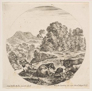اللوحة 10: حصان مستلق في المنتصف ، بقرة وماعزان على اليمين ، راعان جالسان ... ، كاليفورنيا. 1646. بواسطة ستيفانو ديلا بيلا