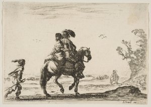 اللوحة 10: فارس وامرأة ينظران من الخلف ، يركبان نحو اليمين مع شاب ... ، 1642. بواسطة ستيفانو ديلا بيلا
