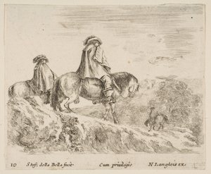 اللوحة 10: فارسان ينزلان من جبل إلى اليسار ، وفارس آخر إلى اليمين في ... ، كاليفورنيا. 1644-47. بواسطة ستيفانو ديلا بيلا