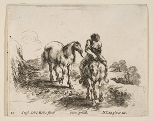 اللوحة 11: فارس صغير يظهر من الأمام يقود حصانًا آخر من الغواص ... 1644-47. بواسطة ستيفانو ديلا بيلا