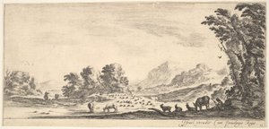 اللوحة 11: راعية تجلس إلى اليمين تحت شجرة ، وتراقب قطيعها إلى اليسار ... ، كاليفورنيا. 1641. بواسطة ستيفانو ديلا بيلا