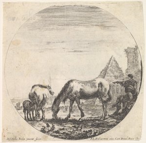 اللوحة 11: هرم كايوس كيستيوس إلى اليمين في الخلفية ، رعي الحصان ... ، كاليفورنيا. 1643-48. بواسطة ستيفانو ديلا بيلا