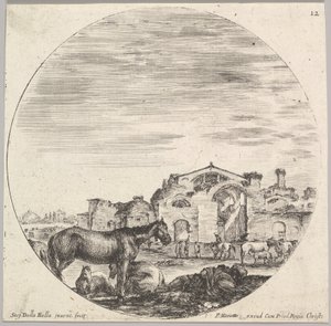 اللوحة 12: راعٍ ينام على الأرض إلى اليمين ، وثلاثة خيول إلى اليسار ، وأخرى ... 1643-48. بواسطة ستيفانو ديلا بيلا