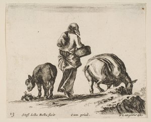 اللوحة 13: امرأة فلاحية ، تظهر من الخلف ، تحمل سلة في الوسط ، حمار ... ، كاليفورنيا. 1644-47. بواسطة ستيفانو ديلا بيلا
