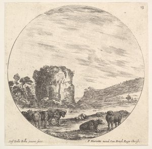 اللوحة 13: أنقاض معبد قديم في الخلفية ، قطيع من الأبقار في الأمام ... ، كاليفورنيا. 1643-48. بواسطة ستيفانو ديلا بيلا
