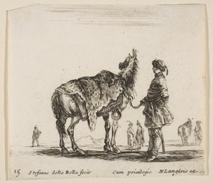 اللوحة 15: أحد النبلاء البولنديين ، متجهًا بعيدًا ، ممسكًا حصانه مغطى بجلد النمر ... ، كاليفورنيا. 1644-47. بواسطة ستيفانو ديلا بيلا