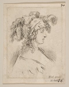 اللوحة 15: تمثال نصفي لامرأة شابة في ملف شخصي يرتدي قبعة مغطاة بالريش ، ... 1649. بواسطة ستيفانو ديلا بيلا