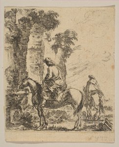 اللوحة 19: منظر طبيعي مع فارس سقي حصانه في نافورة ، من مختلف الأشكال ... ، كاليفورنيا. 1646. بواسطة ستيفانو ديلا بيلا