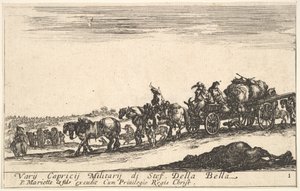 اللوحة 1: عربة تجرها الخيول تحمل أشخاصًا وبضائع ، حصان ميت في المقدمة ، f ...، ca. 1641. بواسطة ستيفانو ديلا بيلا