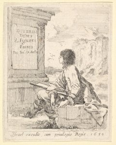 اللوحة 1: شاب يجلس على حجر ، ويواجه اليسار في صورة جانبية ، ويمسك بلوحة رسم في ... ، 1650. بواسطة ستيفانو ديلا بيلا
