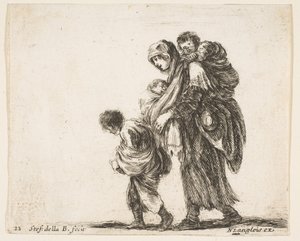 اللوحة 22: امرأة متسولة لديها ثلاثة أطفال وطفل واحد على كتفيها وطفل واحد ... 1644-47. بواسطة ستيفانو ديلا بيلا